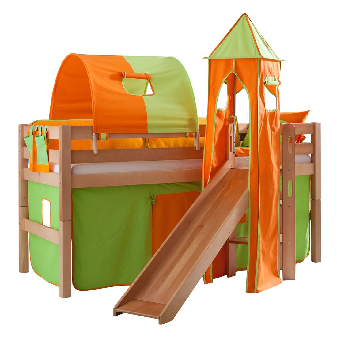 Spielbett Eliyas - mit Rutsche, Vorhang, Tunnel, Turm und Tasche - Buche natur/Textil grün-orange, Relita