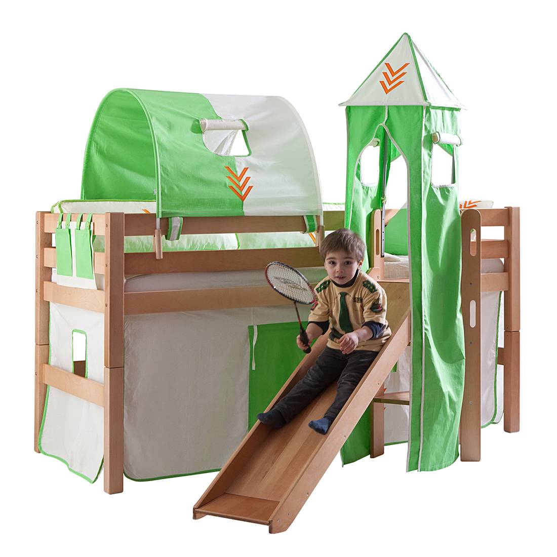 Spielbett Eliyas - mit Rutsche, Vorhang, Tunnel, Turm und Tasche - Buche natur/Textil Indianer, Relita