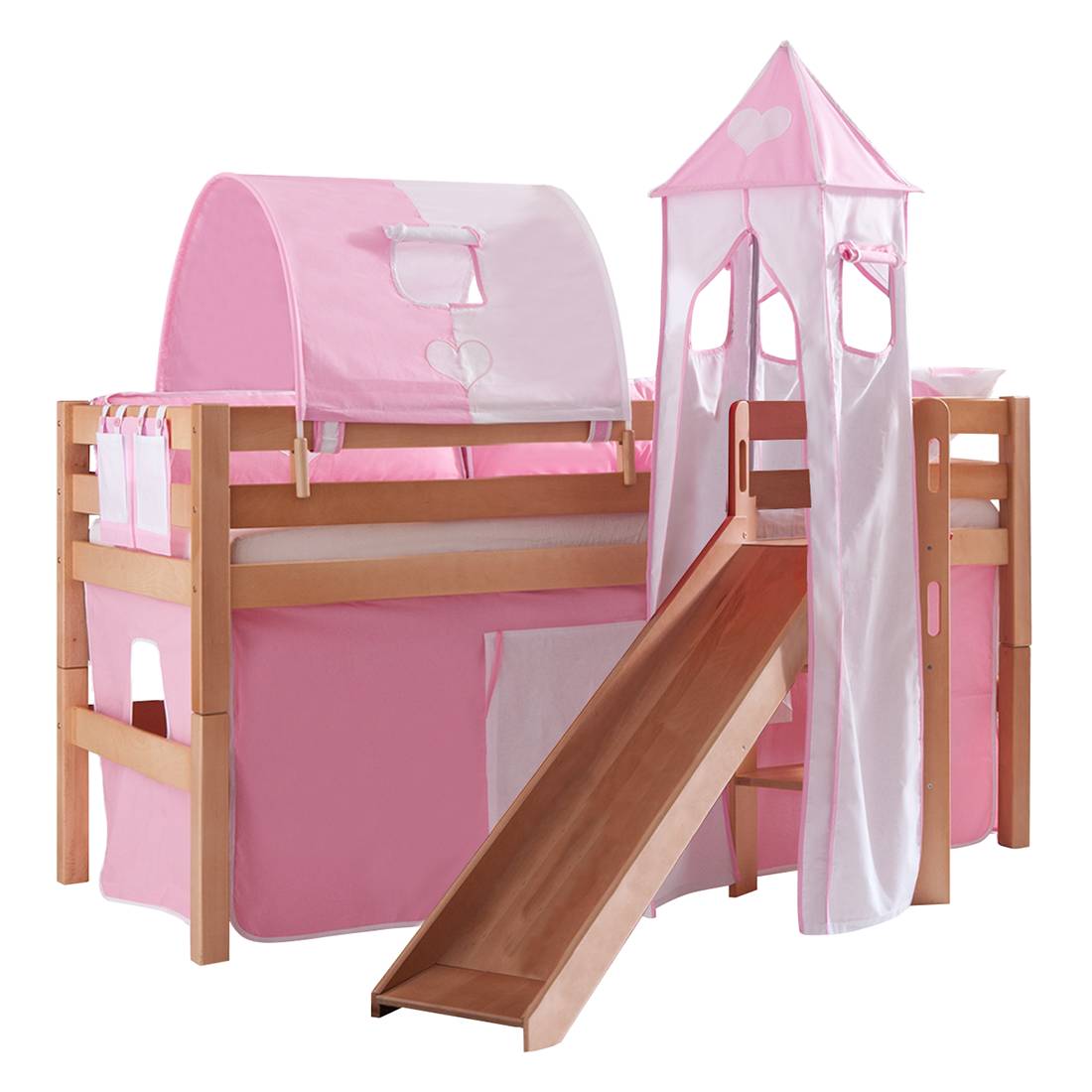 Spielbett Eliyas - mit Rutsche, Vorhang, Tunnel, Turm und Tasche - Buche natur/Textil rosa-weiß-herz, Relita