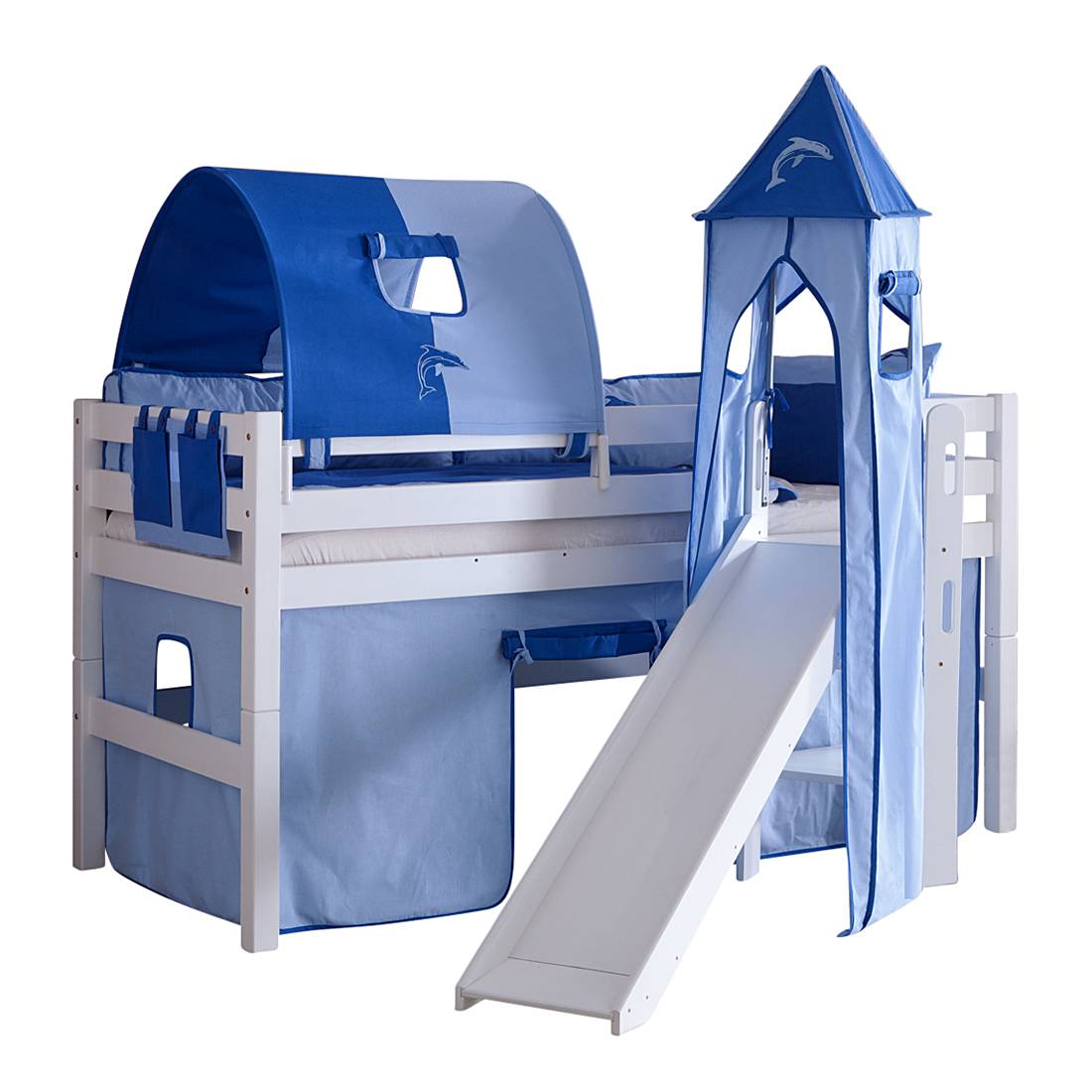 Spielbett Eliyas - mit Rutsche, Vorhang, Tunnel, Turm und Tasche - Buche weiß/Textil blau-delfin, Relita
