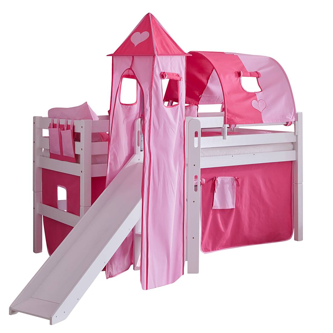 Spielbett Eliyas - mit Rutsche, Vorhang, Tunnel, Turm und Tasche - Buche weiß/Textil pink-herz, Relita