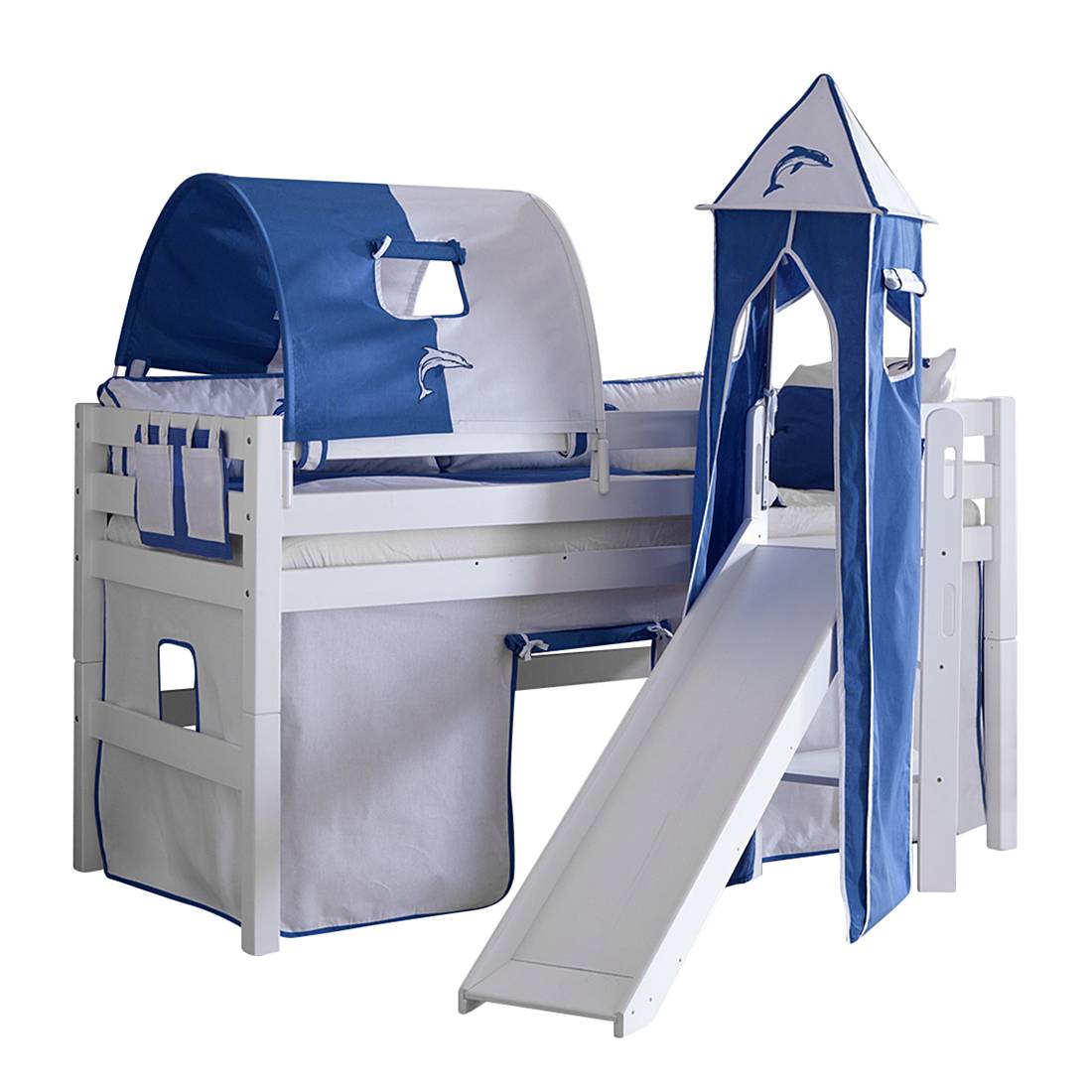 Spielbett Eliyas - mit Rutsche, Vorhang, Tunnel, Turm und Tasche - Buche Weiß/Textil Weiß-delfin, Relita