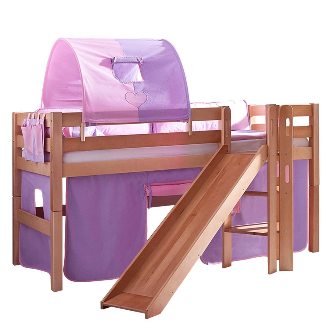 Spielbett Eliyas - mit Rutsche, Vorhang, Tunnel und Tasche - Buche natur/Textil purple-rosa-herz, Relita