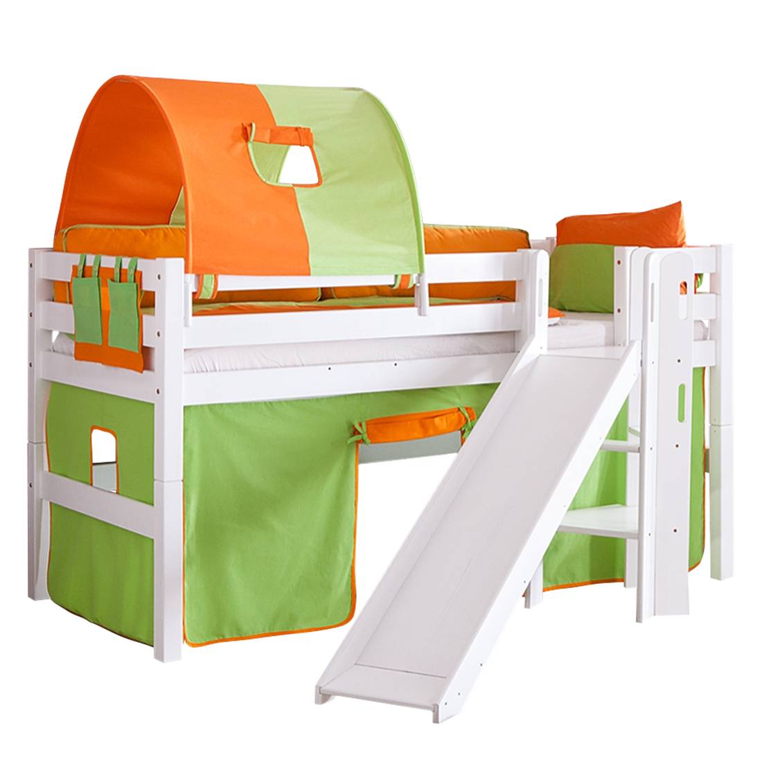 Spielbett Eliyas - mit Rutsche, Vorhang, Tunnel und Tasche - Buche Weiß/Textil Grün-Orange, Relita