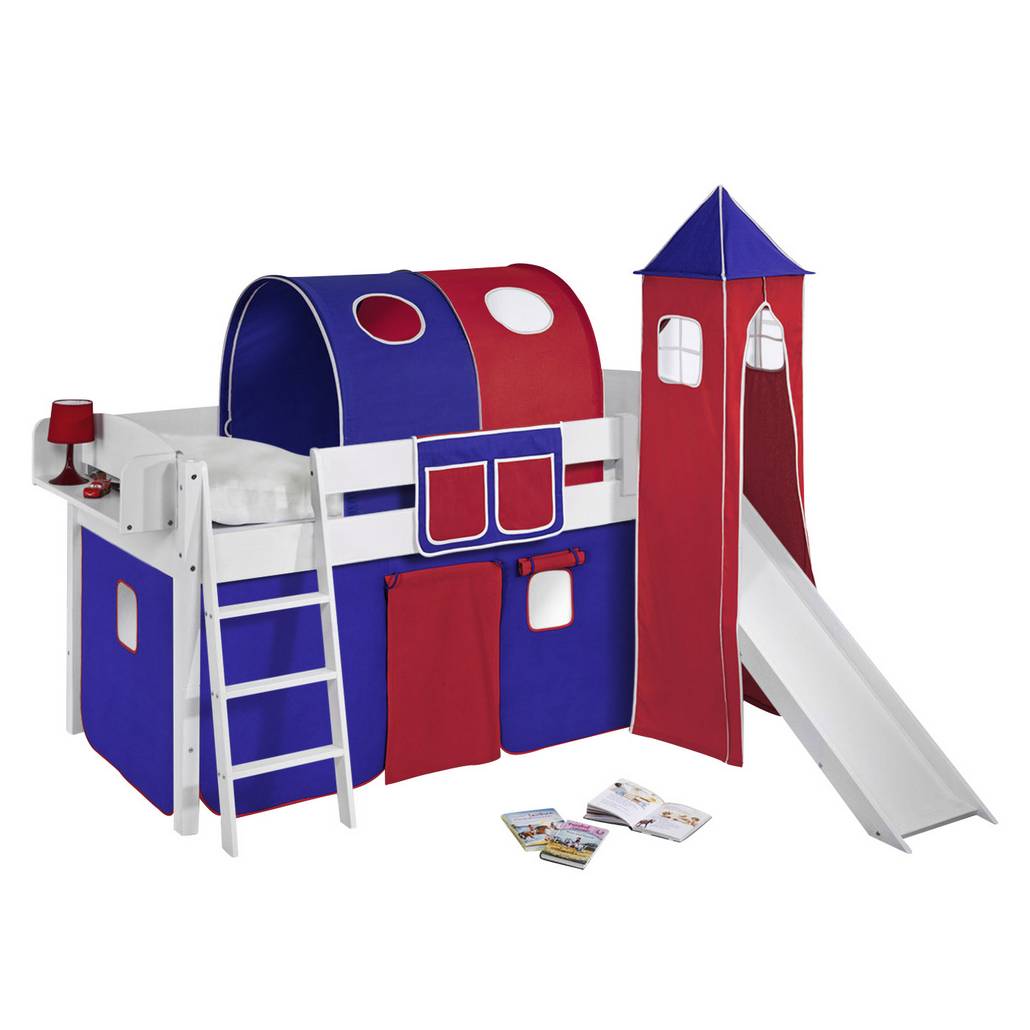 Spielbett IDA 4105 Blau-Rot - mit Turm und Rutsche, Lilokids