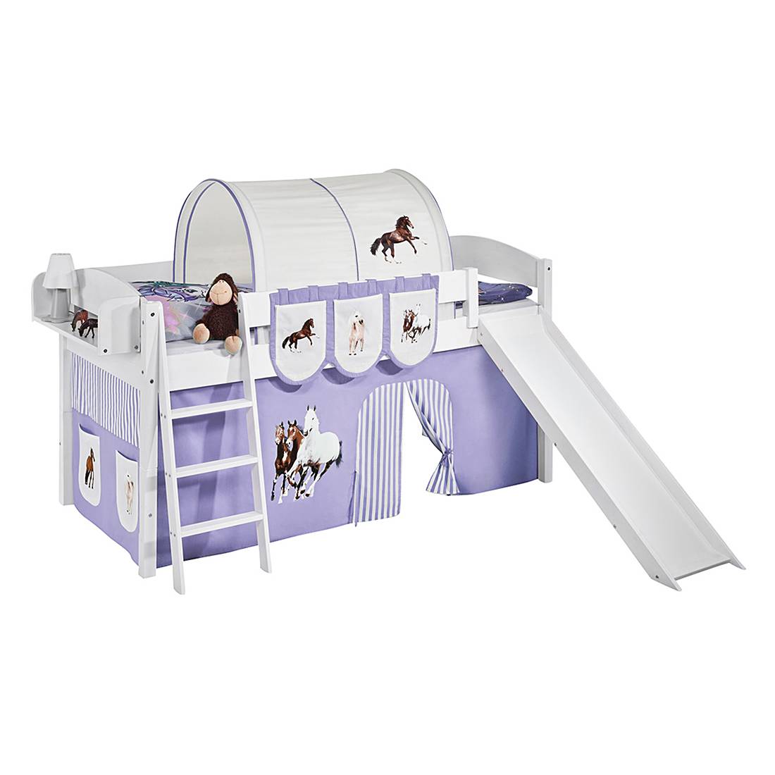 Spielbett IDA 4105 Pferde Lila - Teilbares Systemhochbett LILOKIDS - mit Rutsche und Vorhang - weiÃŸ, Lilokids