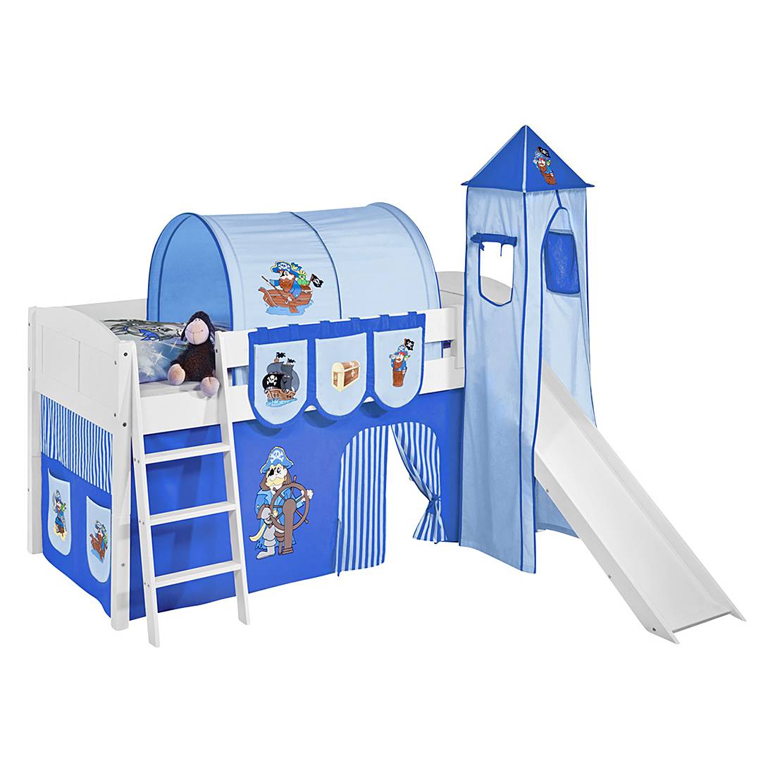 Spielbett IDA 4106 Pirat Blau - Teilbares Systemhochbett LILOKIDS - mit Turm und Rutsche inkl. Vorhang - weiÃŸ, Lilokids