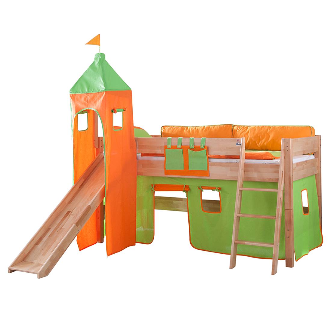 Spielbett Kim - Buche massiv - Natur lackiert - mit Rutsche, Turm und Textilset in Grün/Orange, Relita