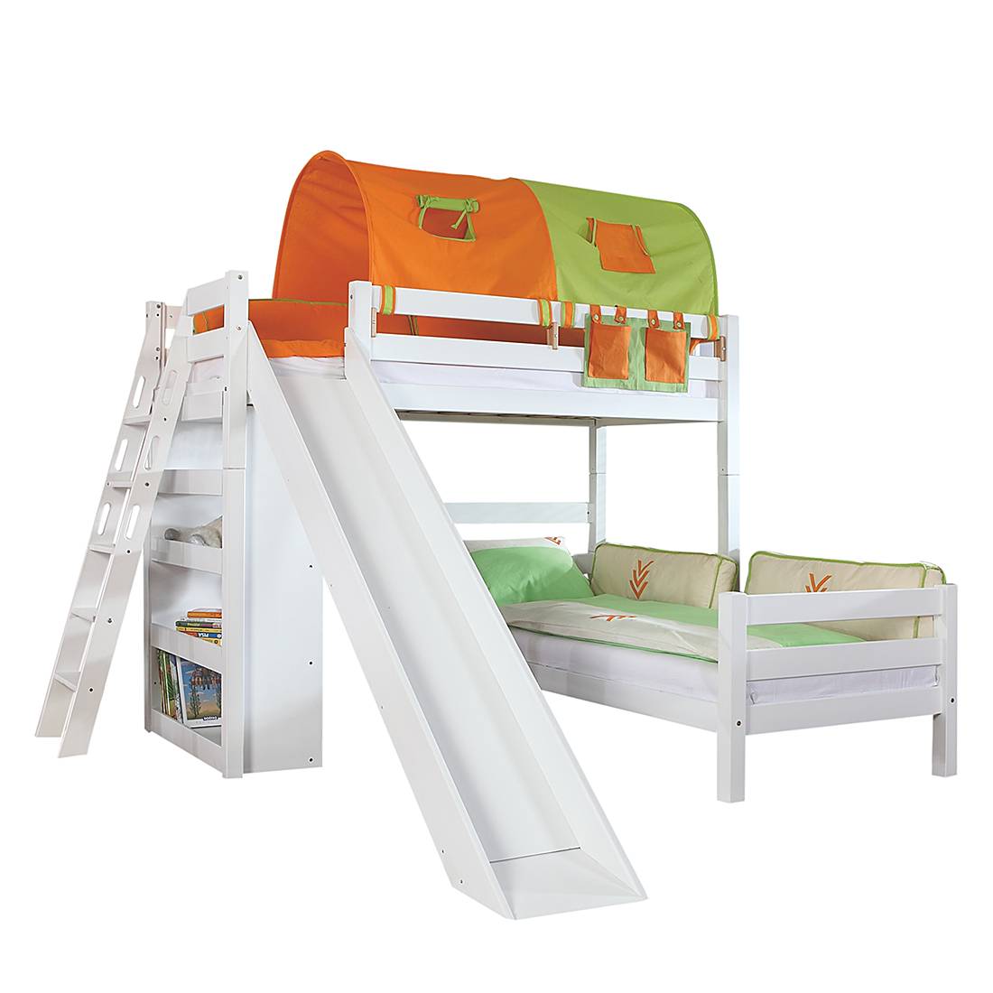 Spielbett Sky - mit Rutsche, Regal, Tunnel und Tasche - Buche massiv weiß/Textil grün-orange, Relita
