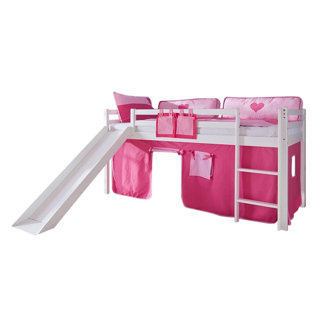 Spielbett Toby - Massivholz Buche Weiß lackiert - mit Rutsche und Textilset - Weiß lackiert mit Textilset pink/rosa ohne Turm, Relita