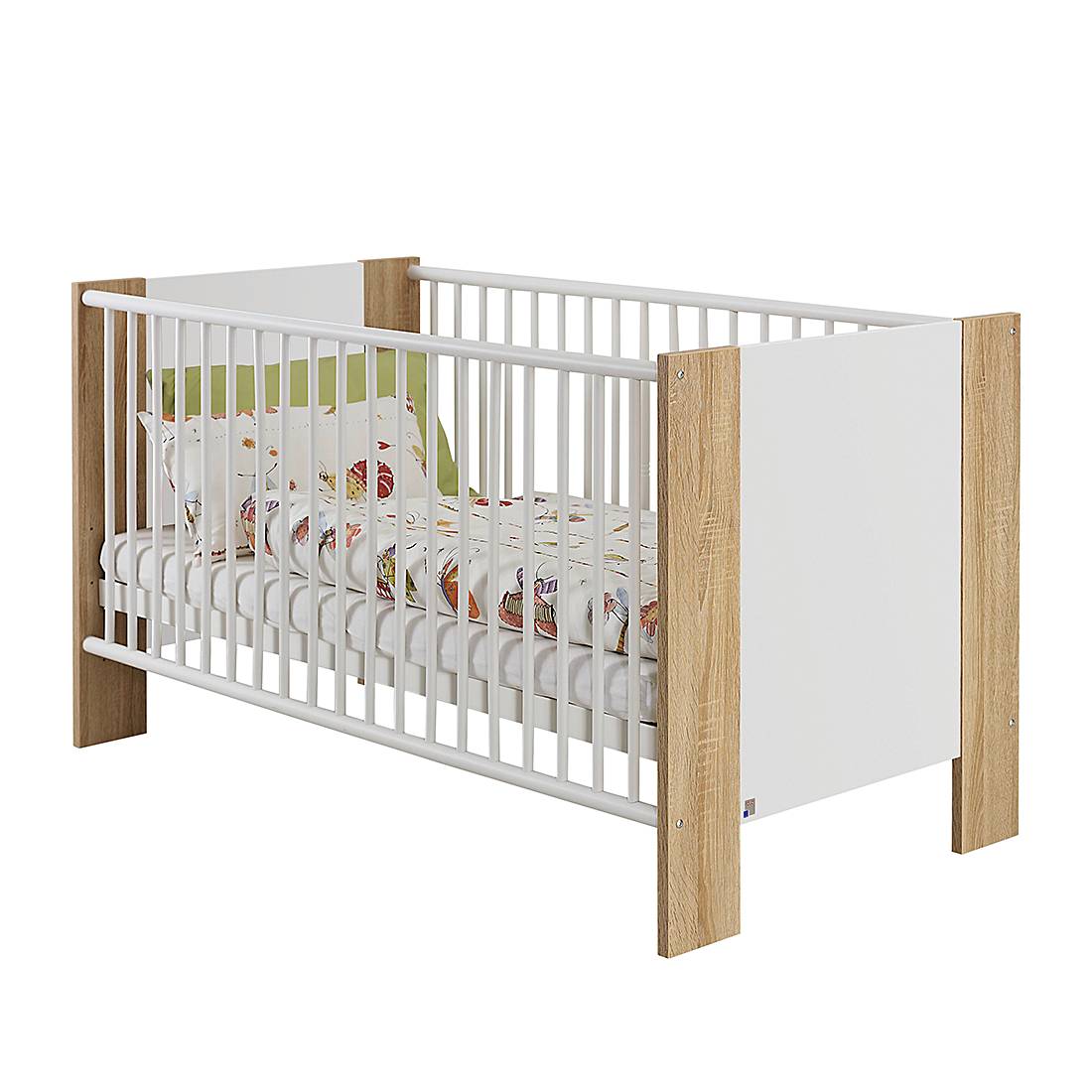 Spijlenbed Hamada eikenhouten look alpinewit zonder bedlades op wieltjes_ Rauch Packs