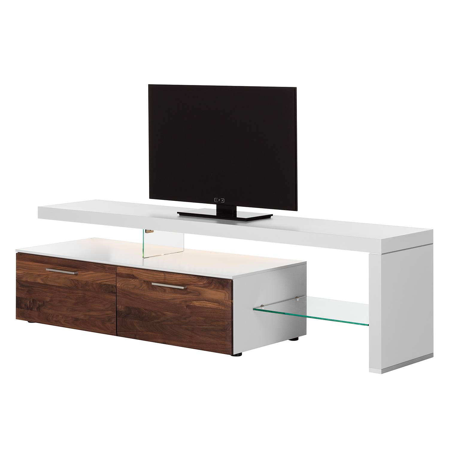 EEK A+, TV-Lowboard Solano I - Mit Beleuchtung - Nussbaum / Weiß - Mit TV-Bank rechts, Netfurn by GWINNER