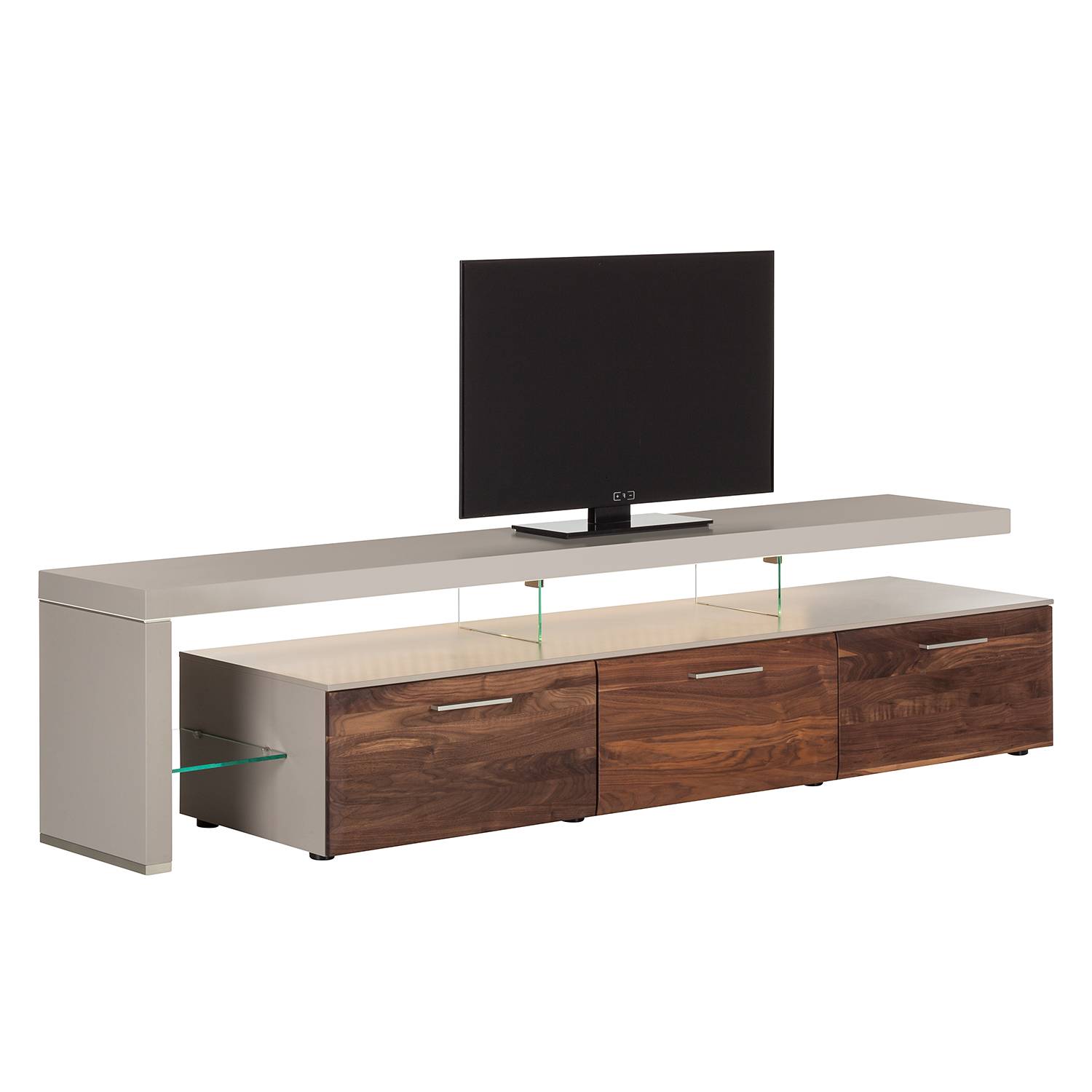EEK A+, TV-Lowboard Solano II - Mit Beleuchtung - Nussbaum / Platingrau - Mit TV-Bank links, Netfurn by GWINNER