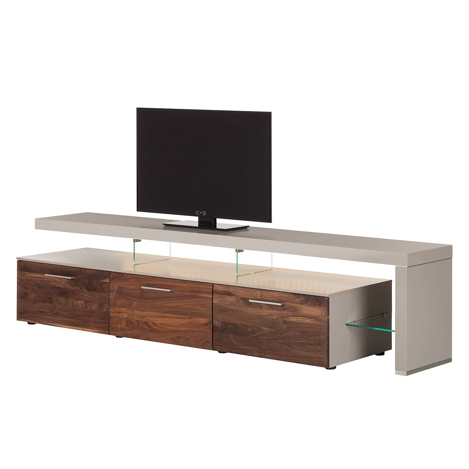 EEK A+, TV-Lowboard Solano II - Mit Beleuchtung - Nussbaum / Platingrau - Mit TV-Bank rechts, Netfurn by GWINNER