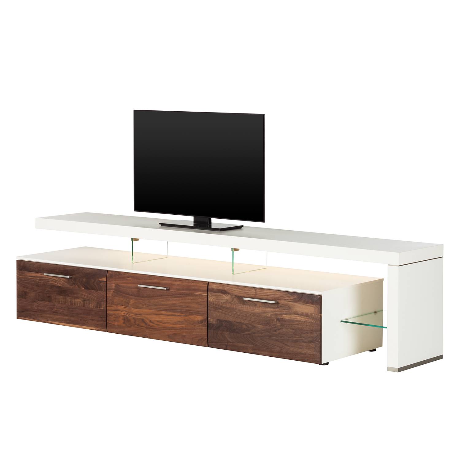 EEK A+, TV-Lowboard Solano II - Mit Beleuchtung - Nussbaum / Weiß - Mit TV-Bank rechts, Netfurn by GWINNER