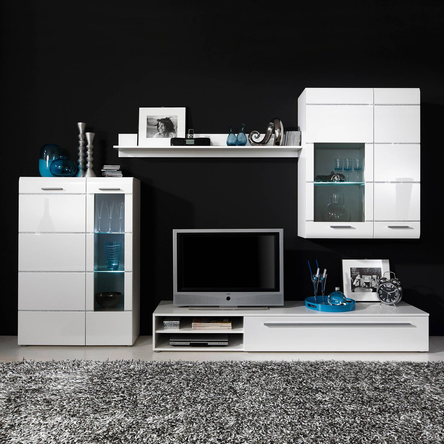 EEK A+, Wohnwand Star II Swarovski Kristalle® (4-teilig) - inklusive Beleuchtung - Hochglanz Weiß, roomscape