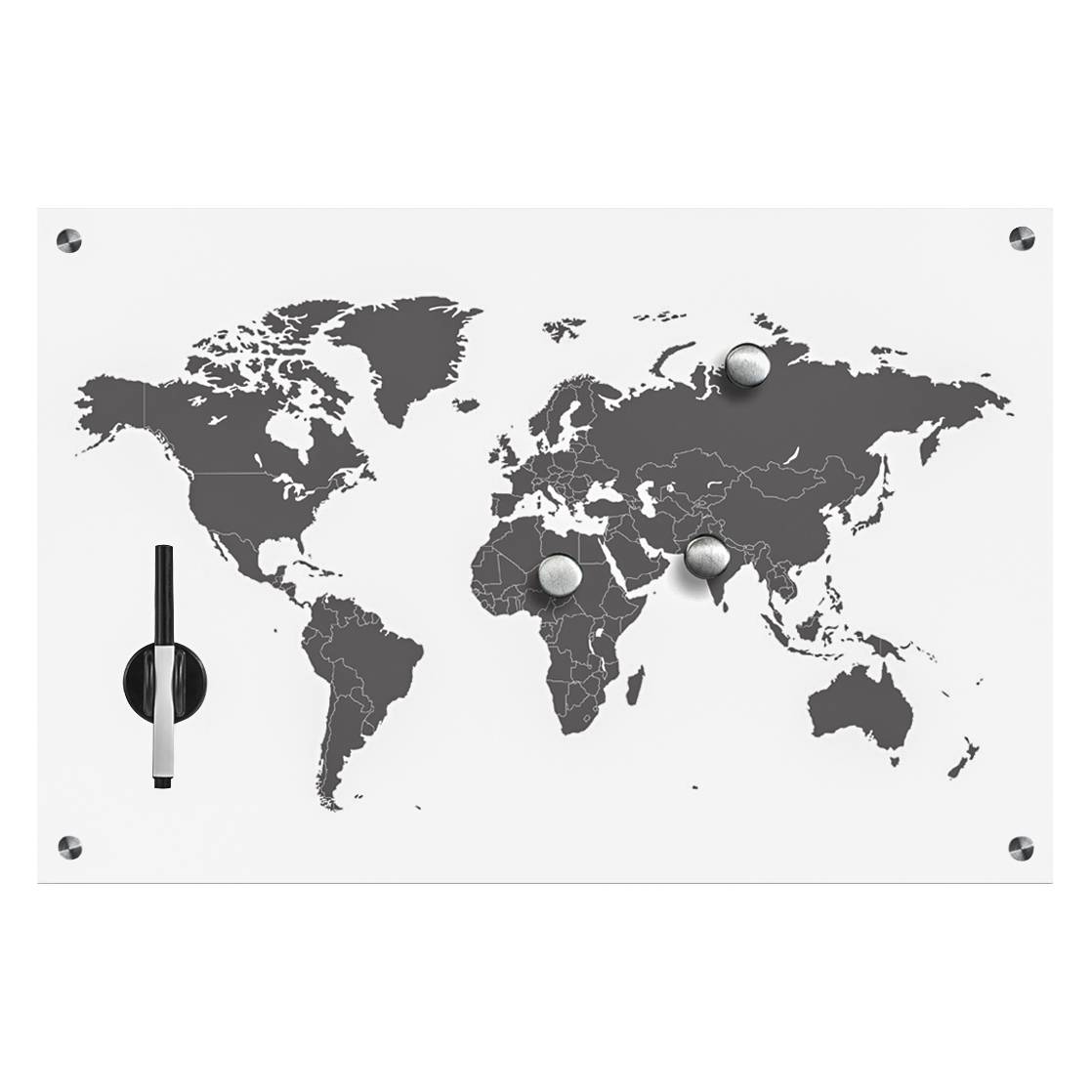 Memoboard Worldmap - Glas / Edelstahl - WeiÃŸ / Hellgrau, Zeller